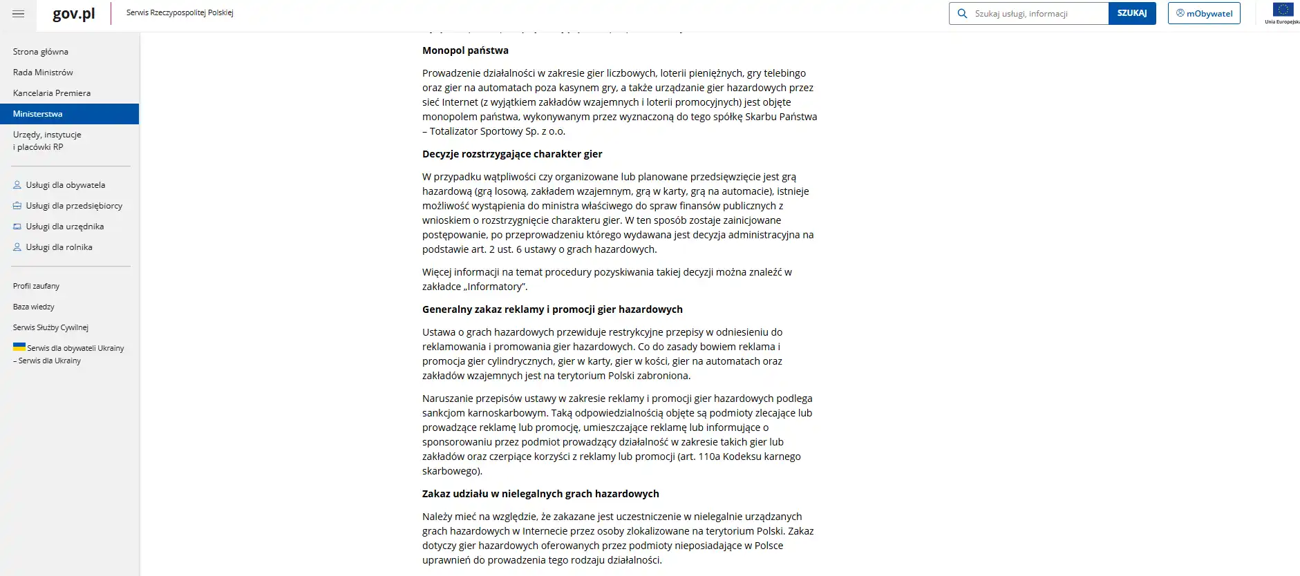 Fragment oficjalnej strony Ministerstwa Finansów o monopolu państwa i legalnym kasynie online